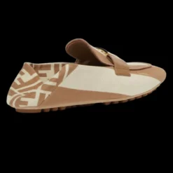 FENDI Mocassins ouverts motif FF Baguette toile rayures Pequin beige