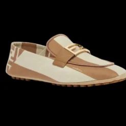 FENDI Mocassins ouverts motif FF Baguette toile rayures Pequin beige