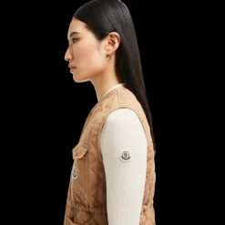Gilet doudoune sans manche MONCLER Vigny lin matelassage losange camel