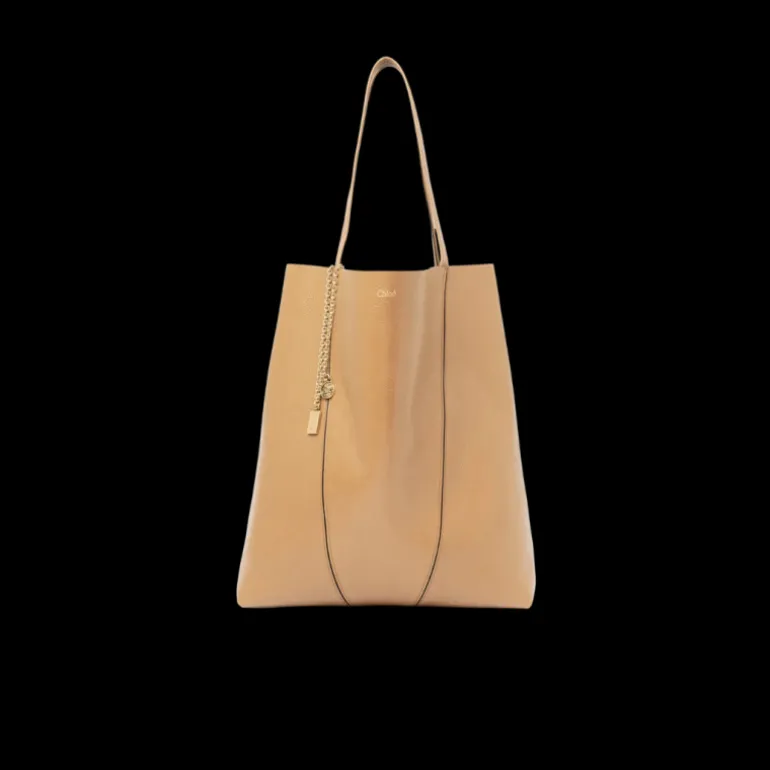 Grand sac cabas CHLOE Spin cuir beige jaune charms métal doré