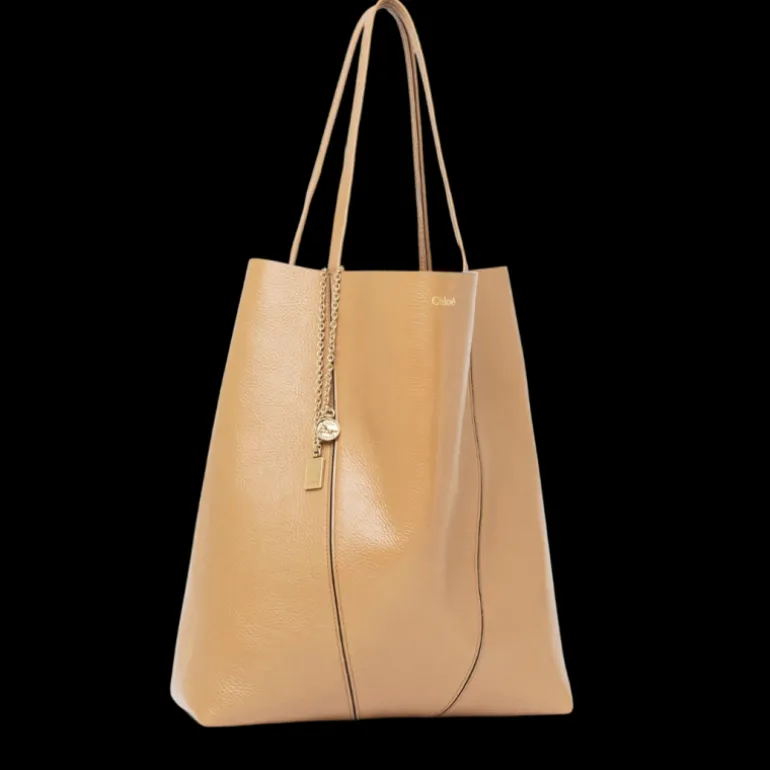 Grand sac cabas CHLOE Spin cuir beige jaune charms métal doré