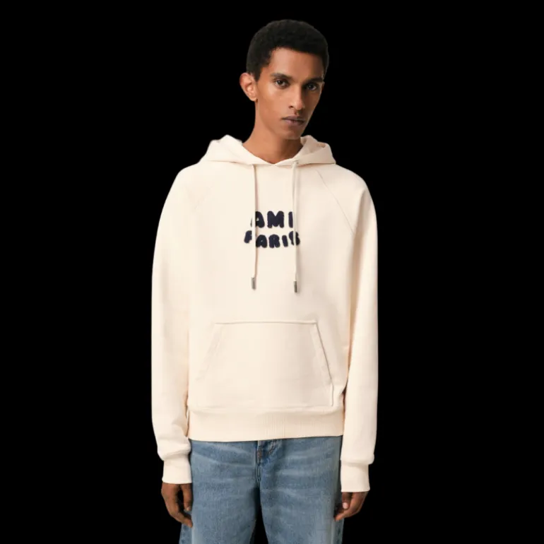 Hoodie AMI Paris coton bio molleton épais écru patch Ami Paris maille