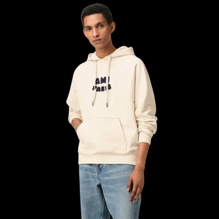 Hoodie AMI Paris coton bio molleton épais écru patch Ami Paris maille