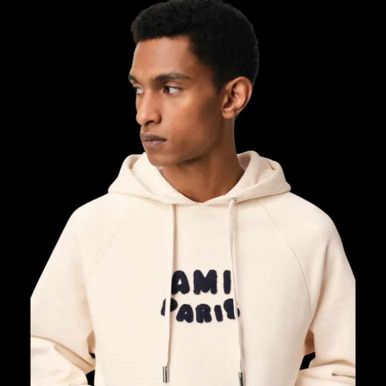 Hoodie AMI Paris coton bio molleton épais écru patch Ami Paris maille
