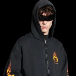 Hoodie Zippé BALENCIAGA Burning Unity molleton coton noir flammes