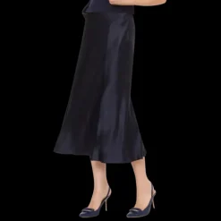 jupe droite ALBERTA FERRETTI mi-longue soie satin bleu nuit fluide évasée