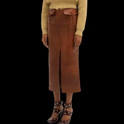 Jupe midi militaire CHLOE fendue cuir agneau brillant marron