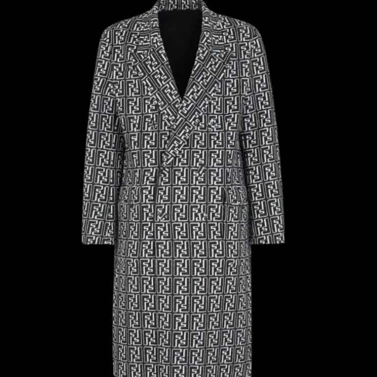 Manteau croisé réversible FENDI laine noire FF Noir blanc