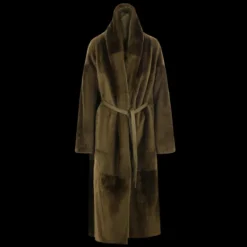 Manteau long ample YVES SALOMON col montant agneau vert kaki ceinture