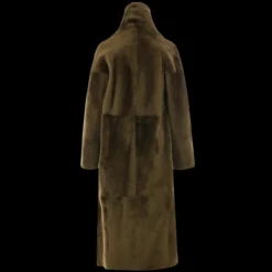 Manteau long ample YVES SALOMON col montant agneau vert kaki ceinture