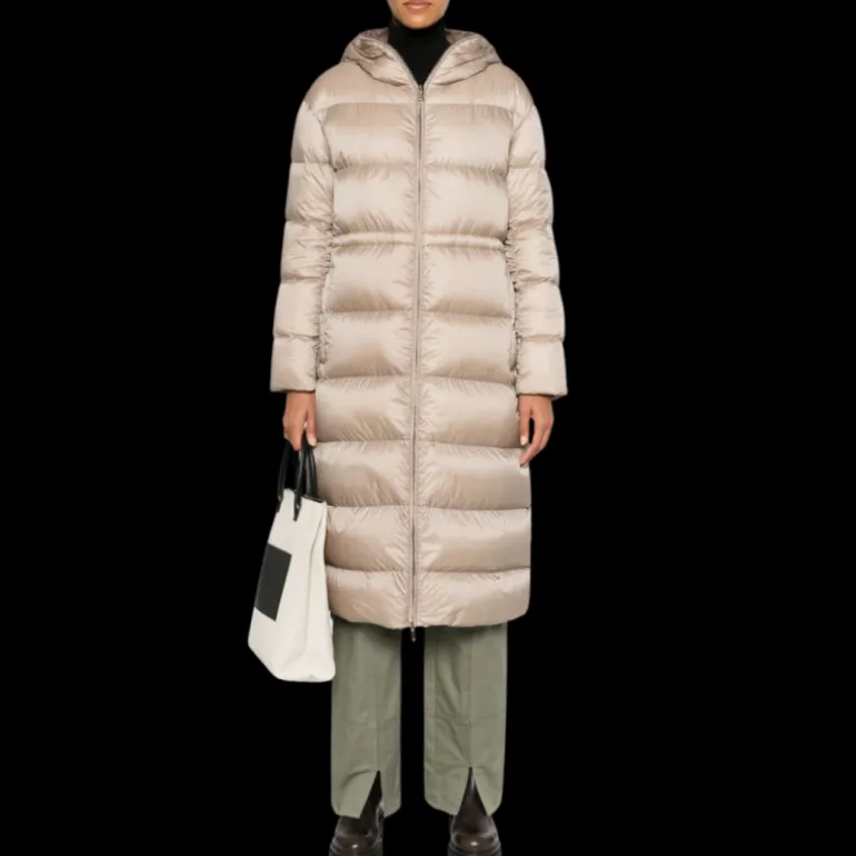 Manteau long doudoune MONCLER Boulogne capuche nylon beige réversible