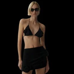 Mini jupe MAGDA BUTRYM tissu crêpe texturé noir fleurs rose