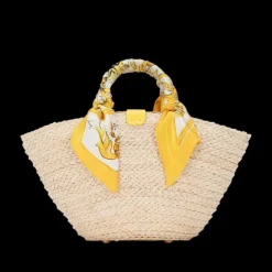Mini panier petit cabas DOLCE & GABBANA Kendra paille DG jaune anse majolica