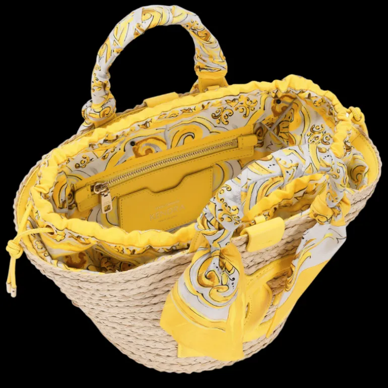 Mini panier petit cabas DOLCE & GABBANA Kendra paille DG jaune anse majolica