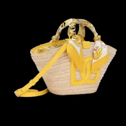 Mini panier petit cabas DOLCE & GABBANA Kendra paille DG jaune anse majolica