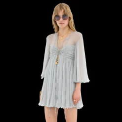 Mini robe CHLOE plissée mousseline soie bleu ciel fronces liens