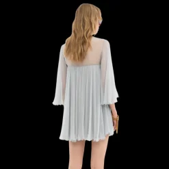 Mini robe CHLOE plissée mousseline soie bleu ciel fronces liens