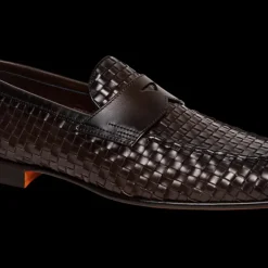 Mocassins SANTONI penny cuir tresse marron chocolat