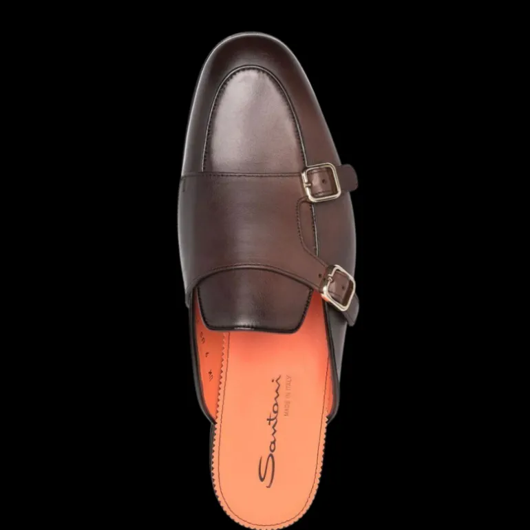 Mules SANTONI à boucles cuir marron chocolat