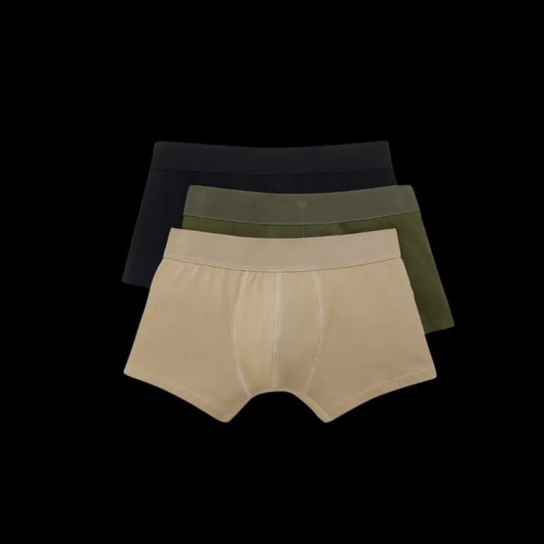 Pack 3 boxers AMI Paris coton bio stretch noir kaki beige coeur