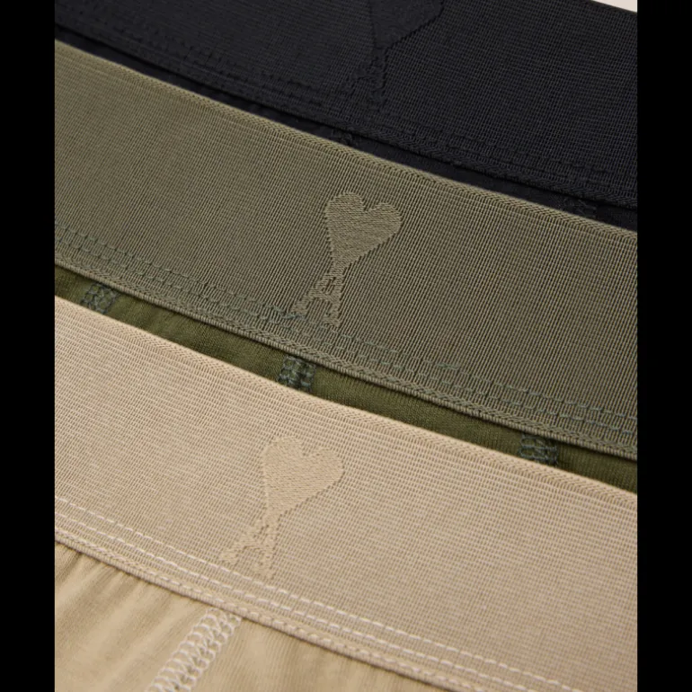 Pack 3 boxers AMI Paris coton bio stretch noir kaki beige coeur