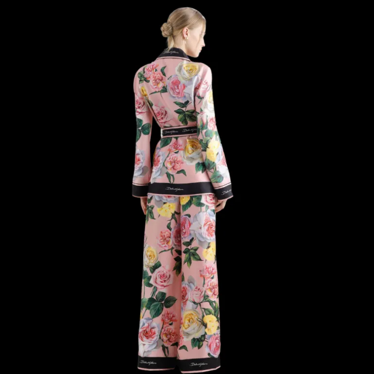 Pantalon de pyjama DOLCE & GABBANA twill de soie imprimé roses pivoines