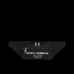 Petit sac ceinture banane en nylon noir avec logo caoutchouté blanc Dolce & Gabbana Milano blanc