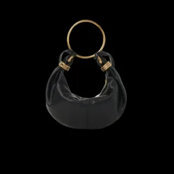Petit sac CHLOE Hobo cuir veau grainé brillant noir anneaux métal doré