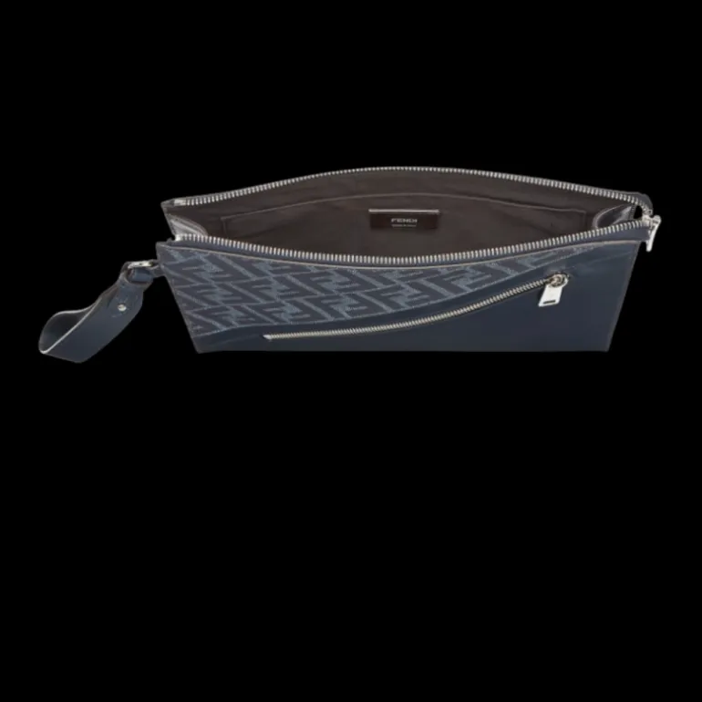 Pochette FENDI Diagonal toile FF bleu jean denim cuir bleu marine