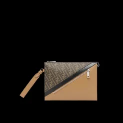 Pochette FENDI plate cuir tissu beige diagonal motif FF marron
