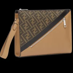 Pochette FENDI plate cuir tissu beige diagonal motif FF marron