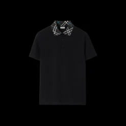 Polo BURBERRY piqué de coton noir col check marron bleu
