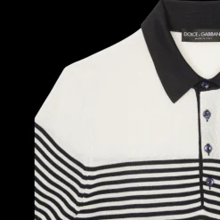 Polo DOLCE & GABBANA soie côtelée écru rayures bleu marine patch logo DG