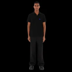 Polo manche courte BURBERRY coton piqué noir cavalier bleu