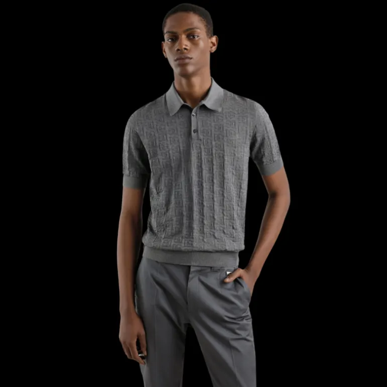 Polo manche courte DOLCE & GABBANA soie gris broderie logo DG all over