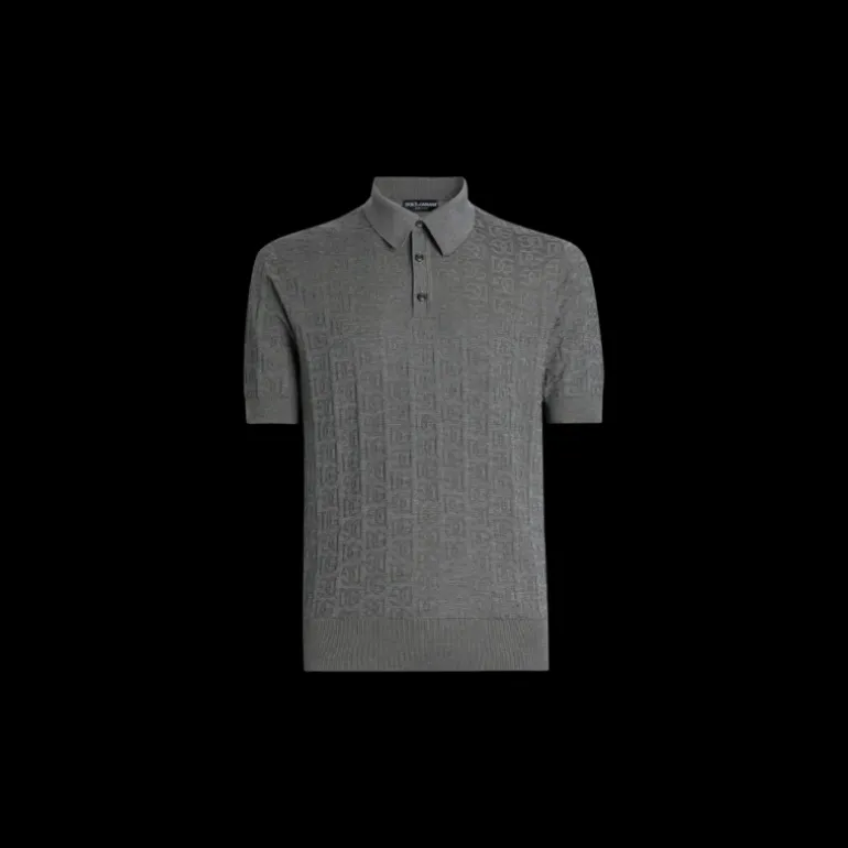 Polo manche courte DOLCE & GABBANA soie gris broderie logo DG all over