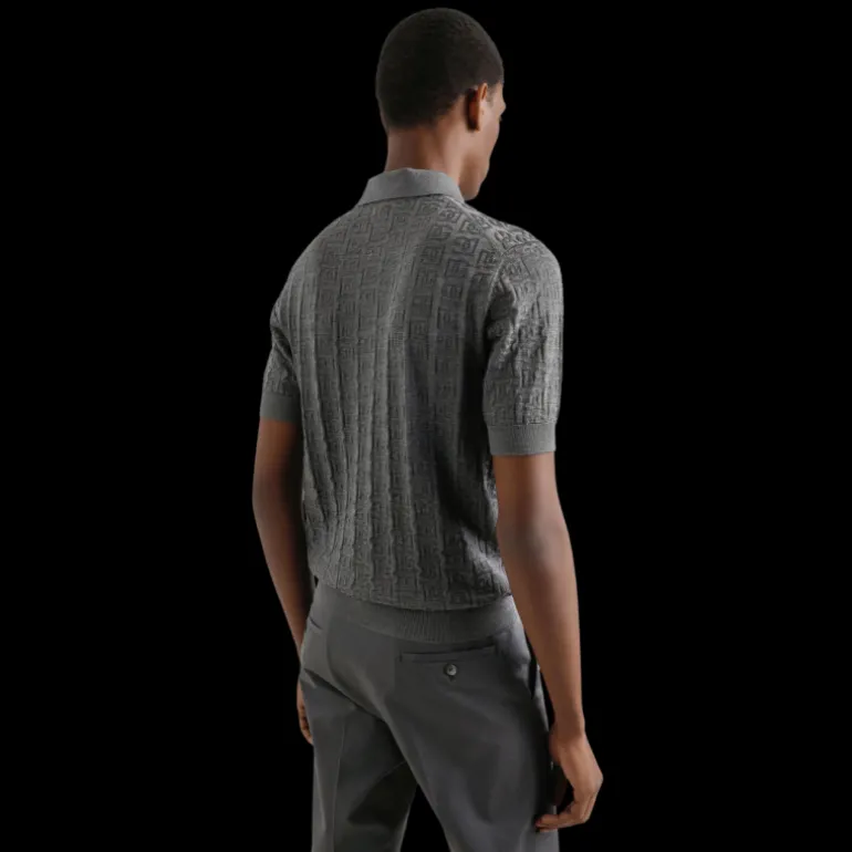 Polo manche courte DOLCE & GABBANA soie gris broderie logo DG all over