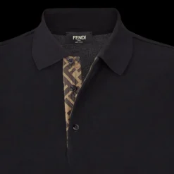 Polo manche courte FENDI coton piqué noir motif soie FF