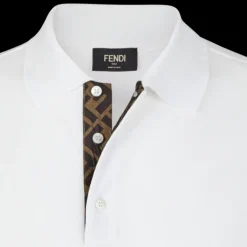 Polo manche courte FENDI coton piqué blanc motif soie FF