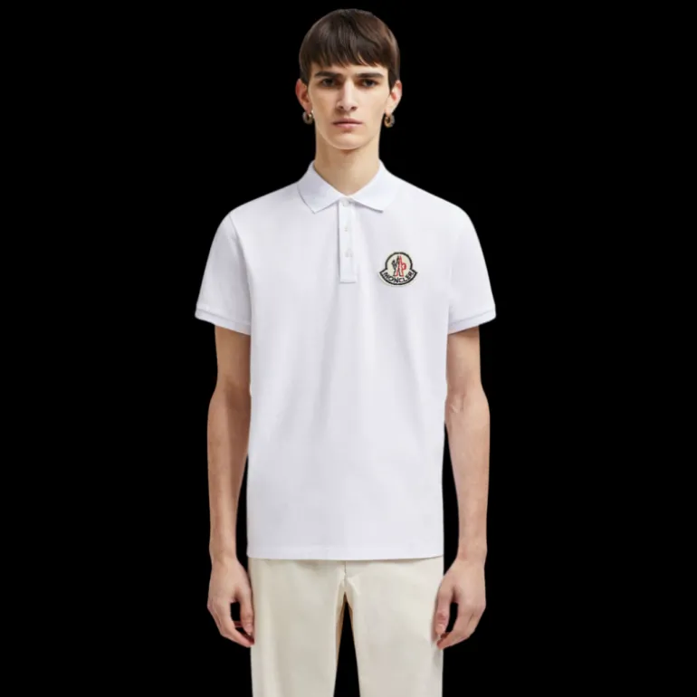 Polo manche courte MONCLER coton piqué blanc logo pixel