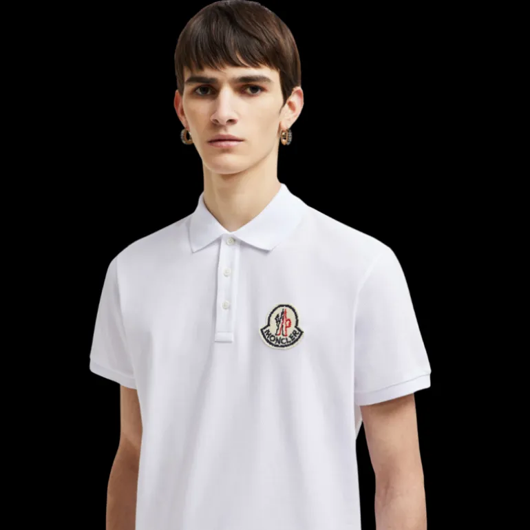 Polo manche courte MONCLER coton piqué blanc logo pixel