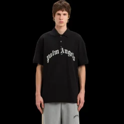 Polo manche courte PALM ANGELS coton noir gros logo poitrine blanc