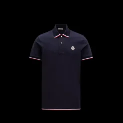 Polo MONCLER coton piqué bleu marine broderie logo bord tricolore