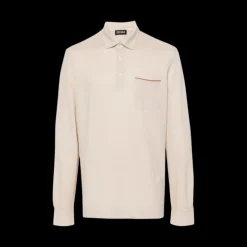 Polo ZEGNA coton beige poche poitrine ganse cuir marron