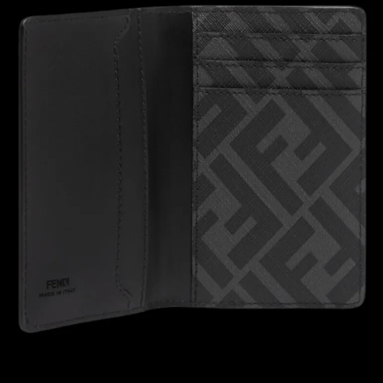 Porte-cartes compact à rabat FENDI cuir noir Tissu FF gris