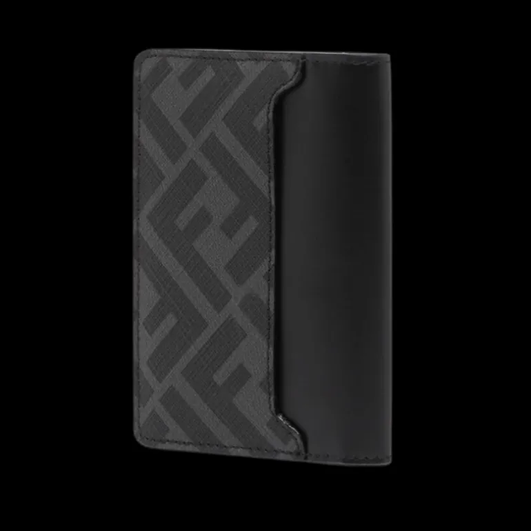 Porte-cartes compact à rabat FENDI cuir noir Tissu FF gris