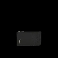 porte-cartes zippé SAINT LAURENT Tiny Cassandre Fragments cuir grainé noir