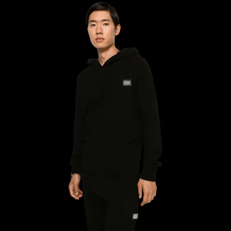 Pull à capuche DOLCE & GABBANA en laine et cachemire noir plaque logo métal