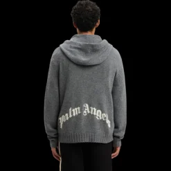 Pull à capuche PALM ANGELS laine cachemire gris logo incurvé bas dos blanc