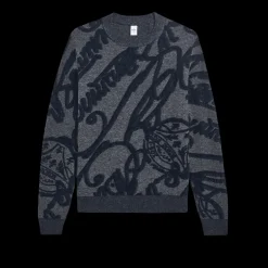 Pull col rond BERLUTI laine cachemire gris Jacquard Scritto Marbeuf bleu marine